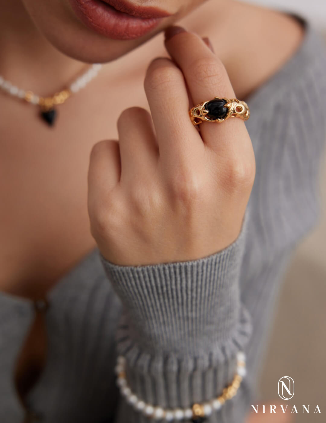 Sterling Silver Black Agate Open Ring
