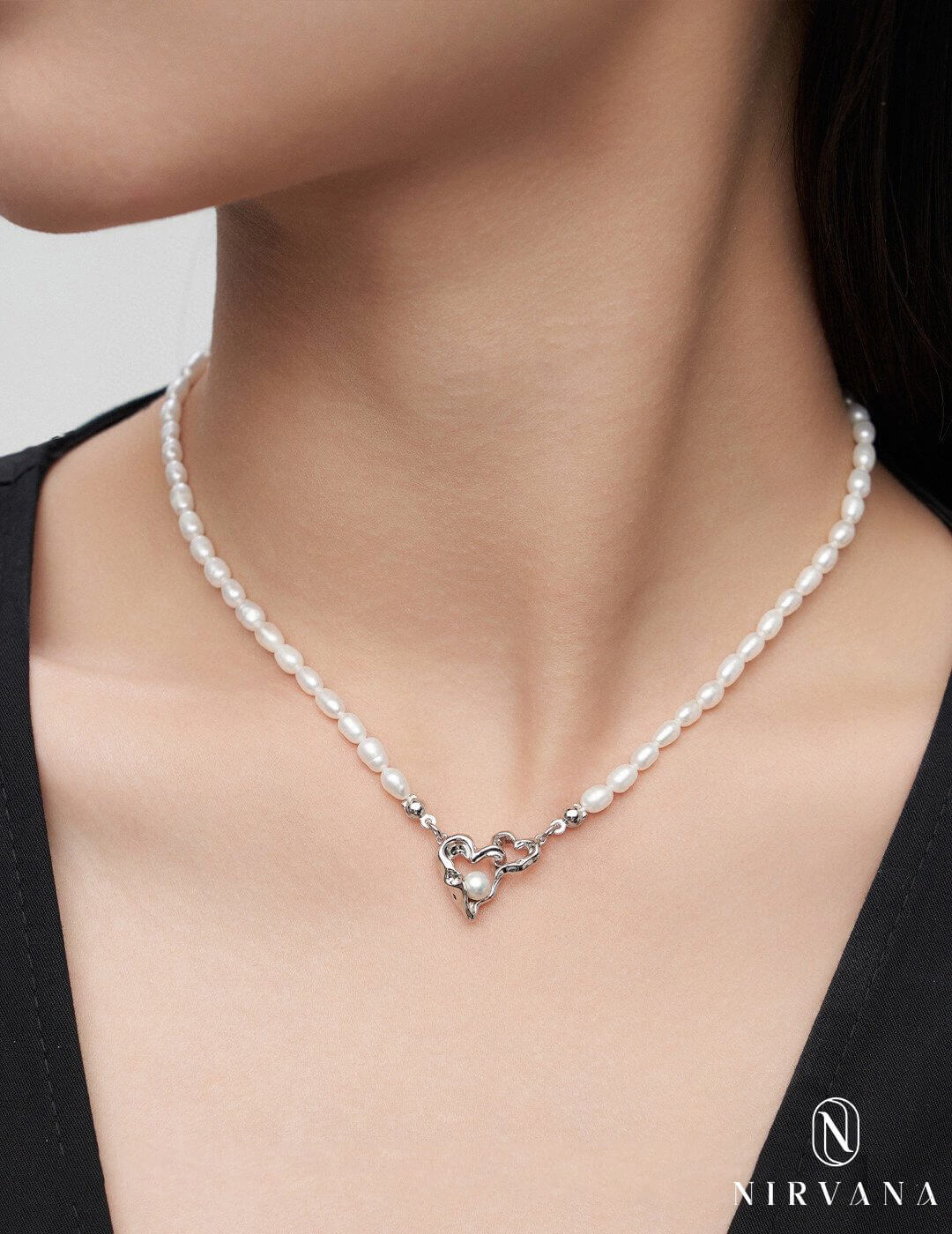 Hearts Embrace Pearl Silver Pendant Necklace