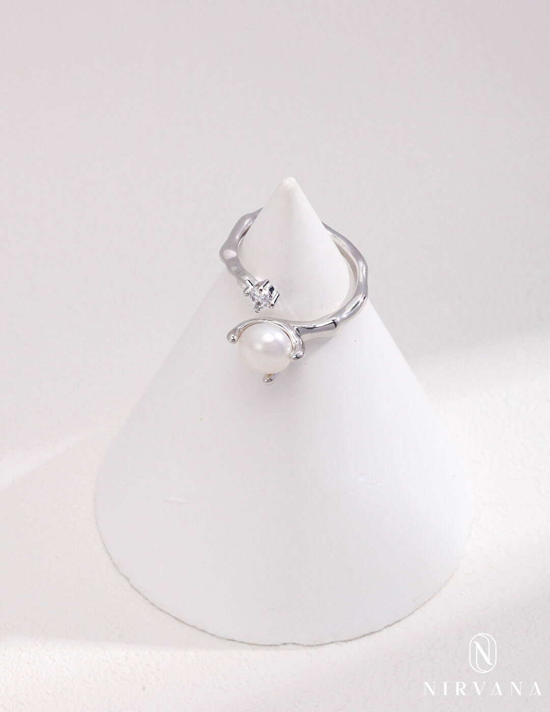 Natural Pearl and White Stone Open Ring