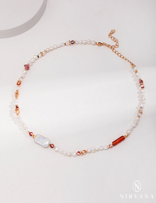 Strawberry Quartz Baroque Pearl Sterling Silver Necklace