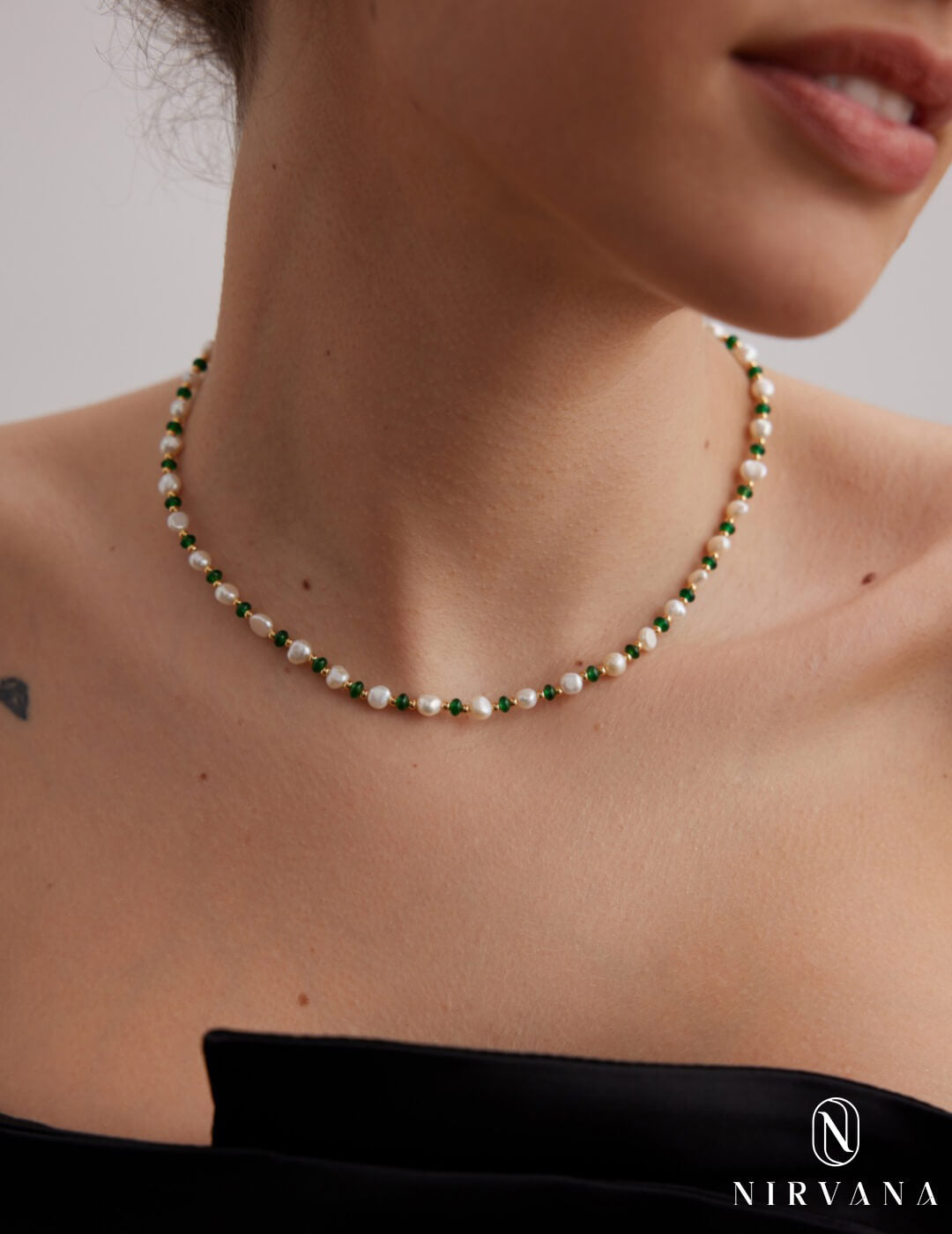 Minimalist Pearl and Emerald Necklace