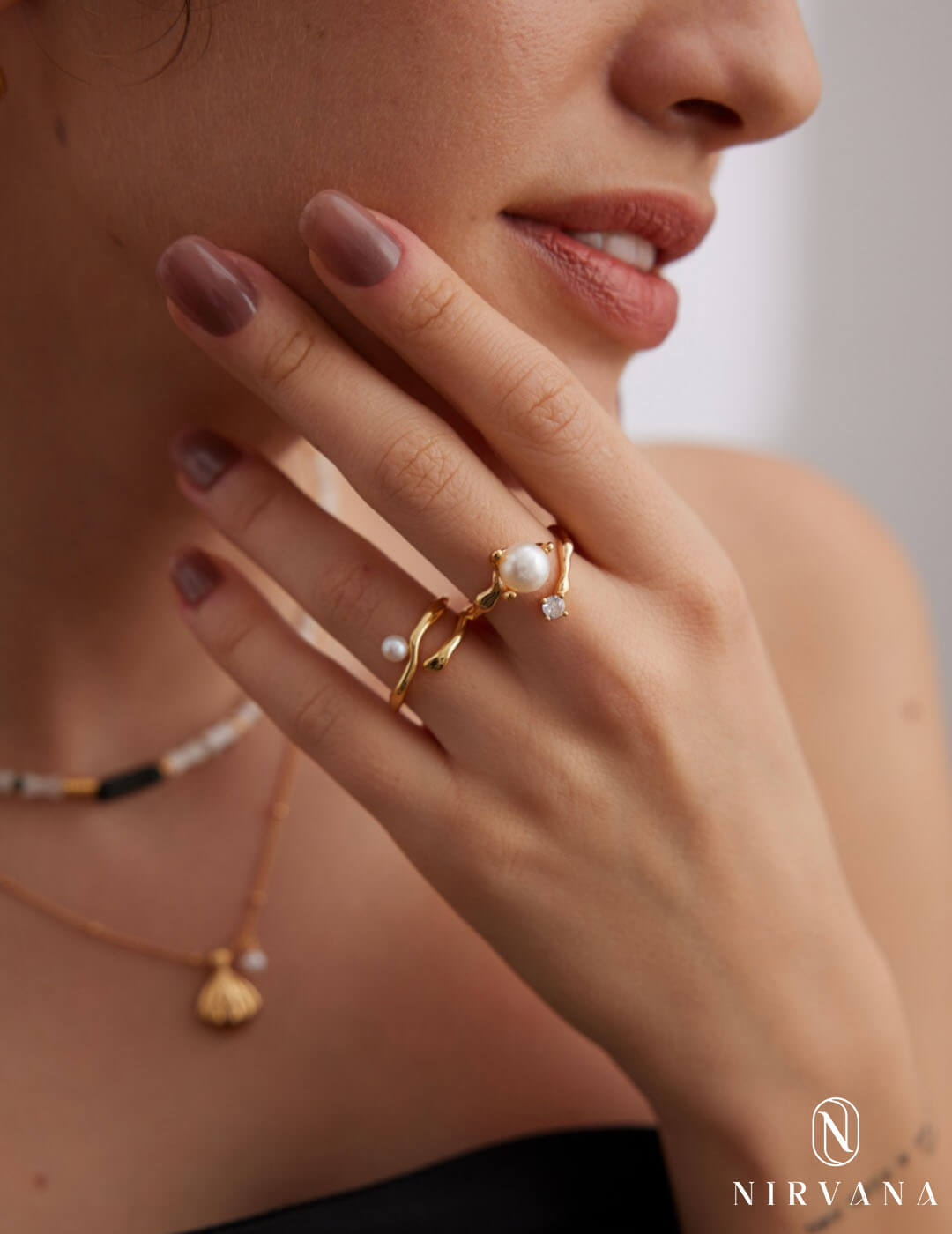 Natural Pearl and White Stone Open Ring