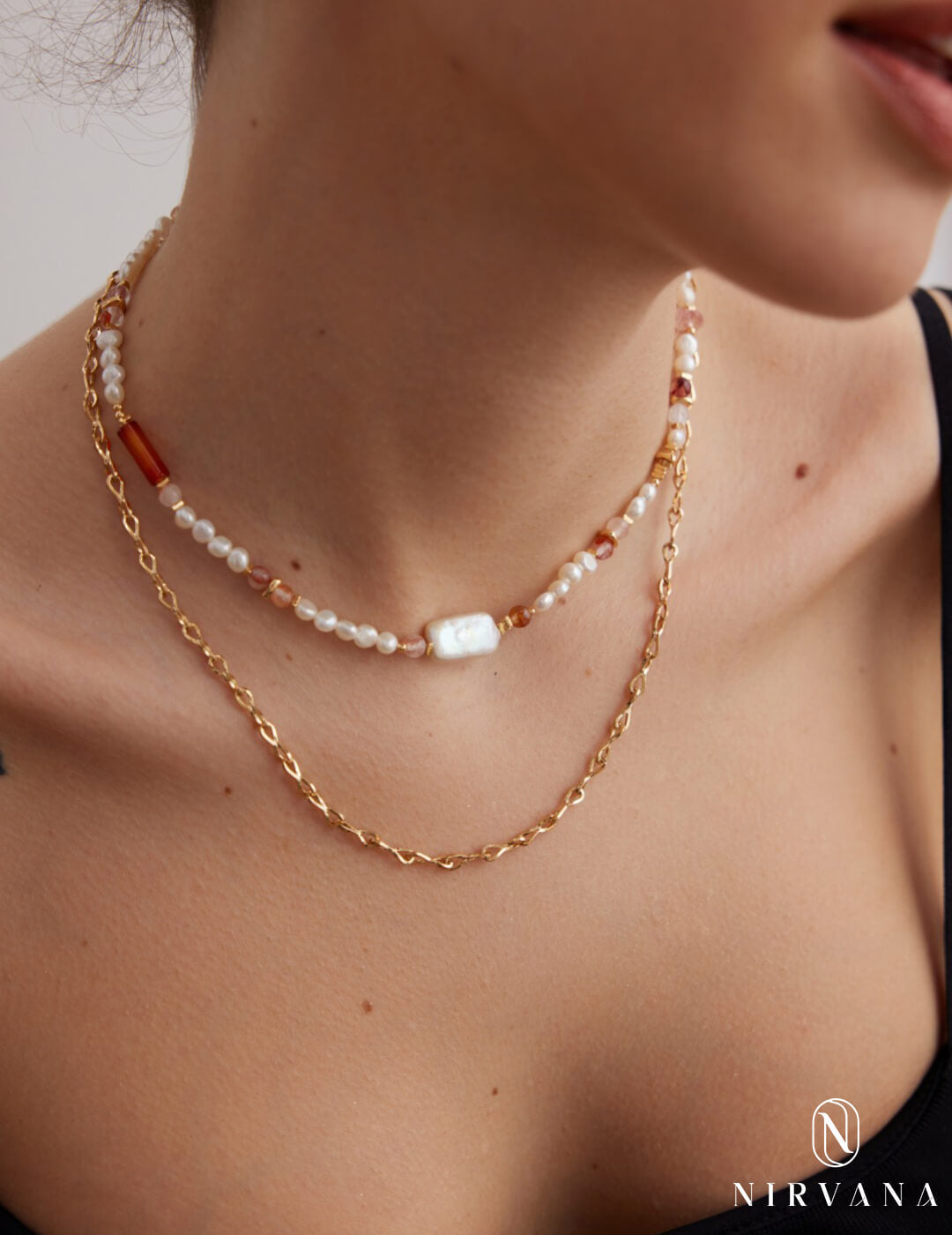 Strawberry Quartz Baroque Pearl Sterling Silver Necklace